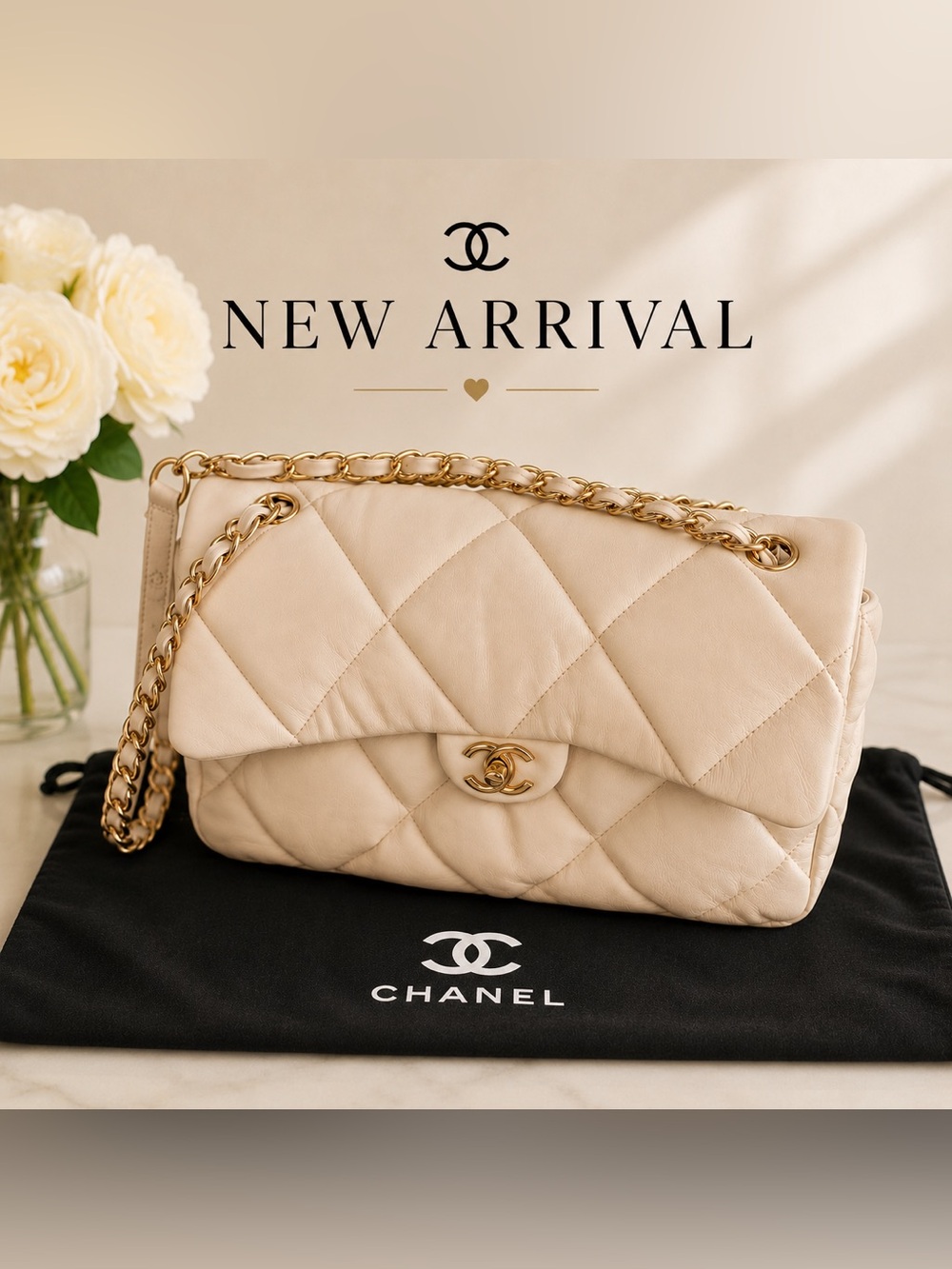 ✨ Luxuriously, Elegance Large Flap Bag – Cream/Ivory Quilted Leather ✨